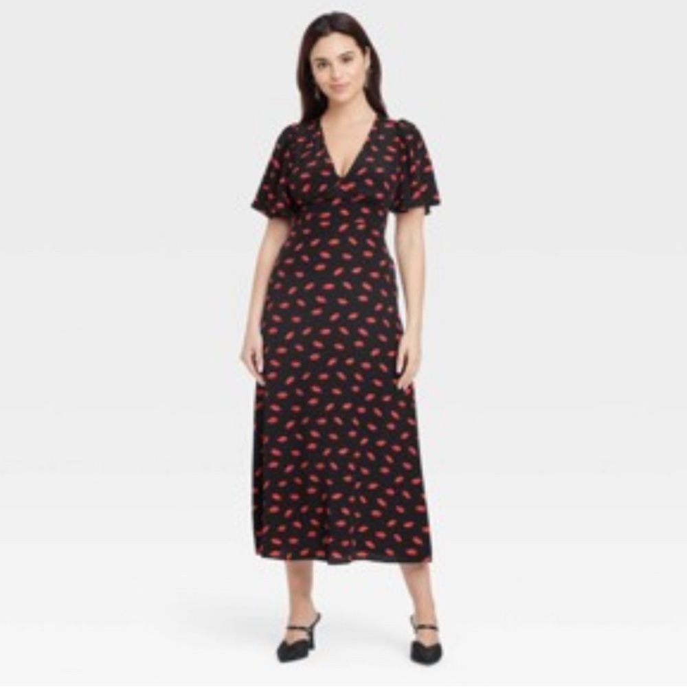 Women's Short Sleeve Maxi Sundress - A New Day Black/Red Lip Print Sz 4